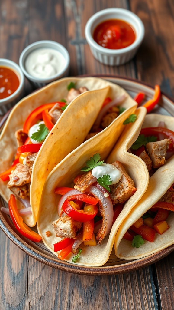 Plate of tuna fajitas with peppers and onions, garnished with cilantro, next to bowls of sour cream and salsa.